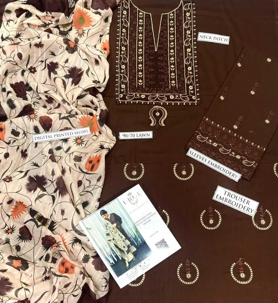 Pakistani Printed Embroidered Kurta Set Brown Cream