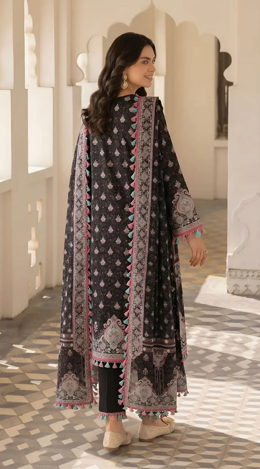 Black Embroidered Pajama Set for Women
