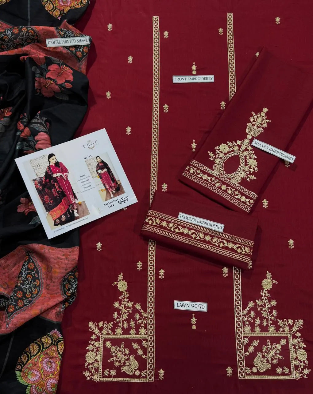Maroon Embroidered 3-Piece Lawn Suit with Printed Dupatta
