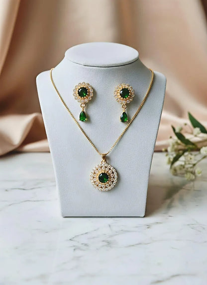 Green Zircon Pendant & Earrings Set Gold Plated for Women