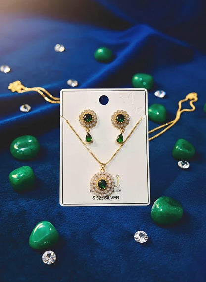 Green Zircon Pendant & Earrings Set Gold Plated for Women