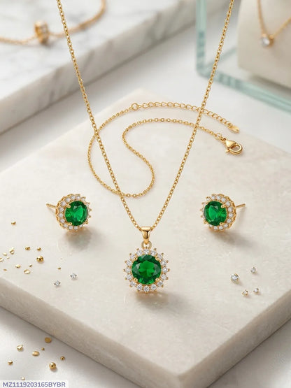 Green Crystal Pendant Set for Women Gold Plated