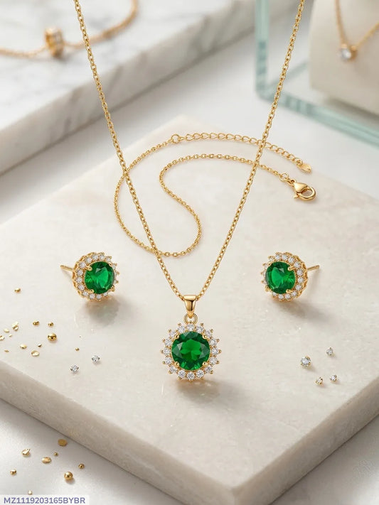 Green Crystal Pendant Set for Women Gold Plated