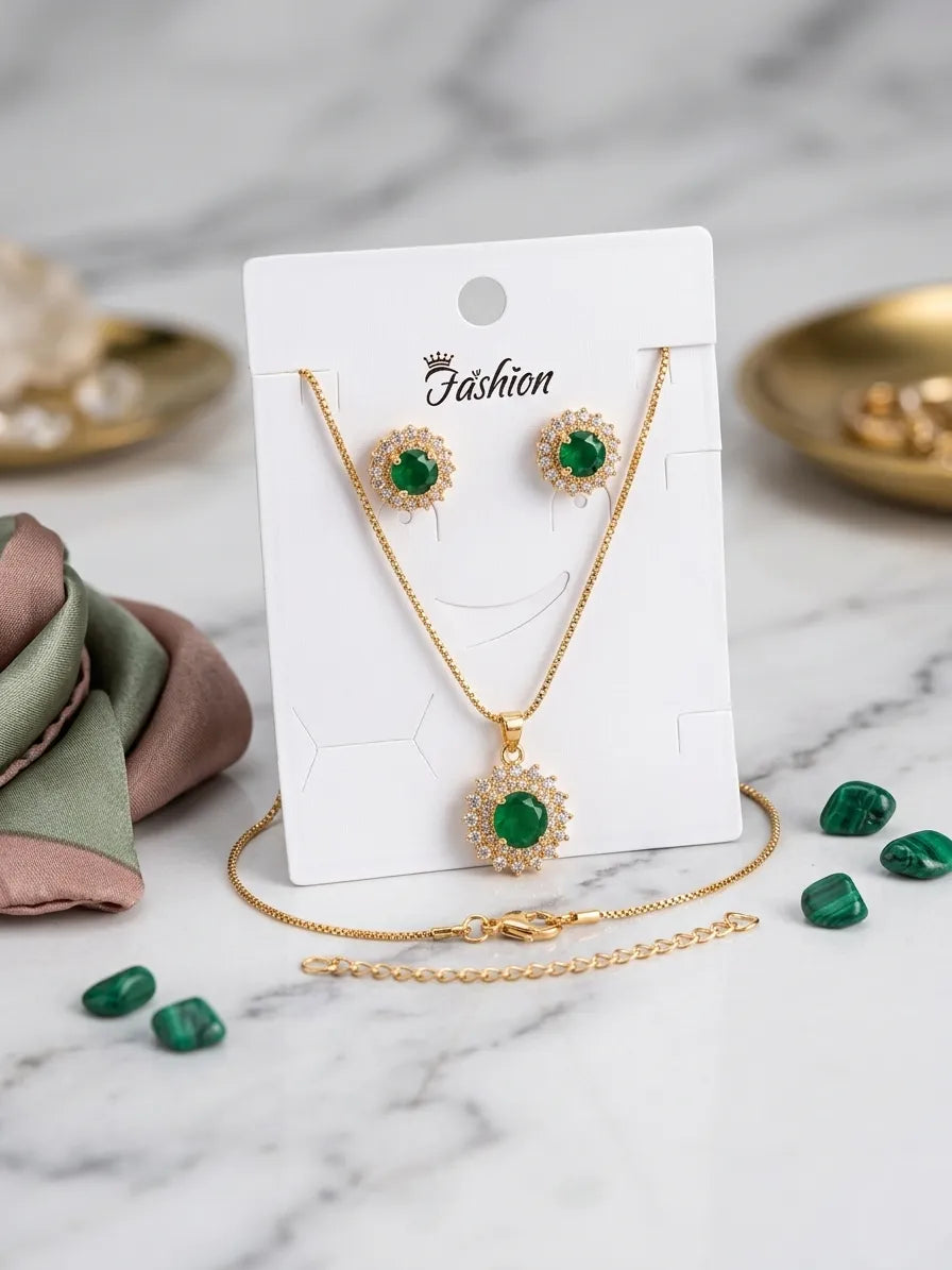 Green Crystal Pendant Set for Women Gold Plated