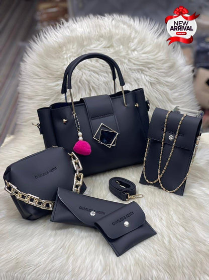 5-Piece Blue Leather Handbag Set with Gold Hardware