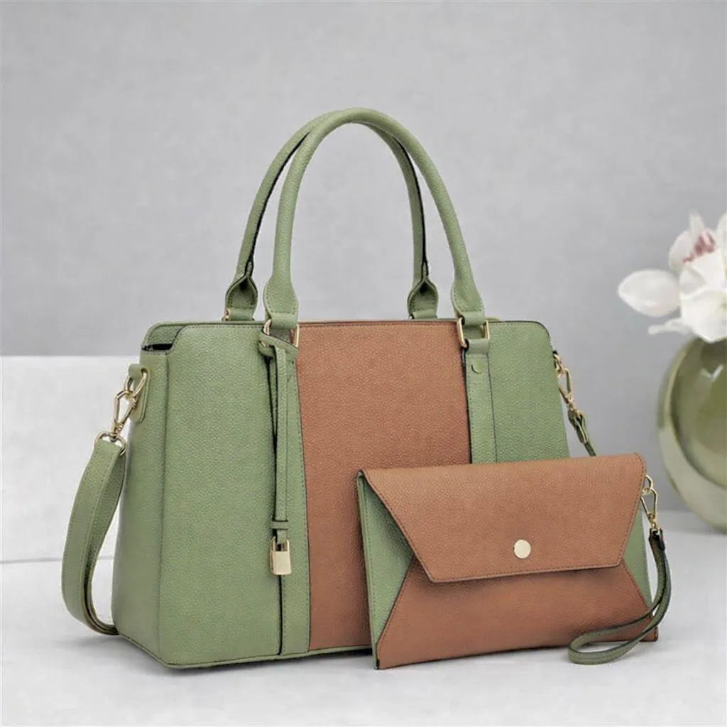 Stylish Green Brown Leather Handbag Set for Girls