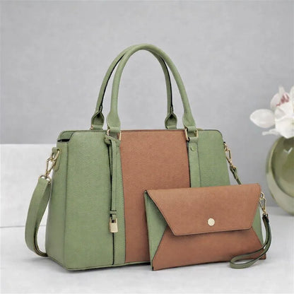 Stylish Green Brown Leather Handbag Set for Girls