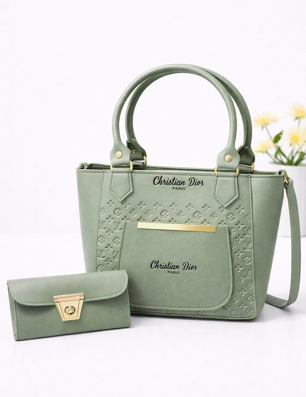 Christian Dior Green Leather Handbag & Wallet Set
