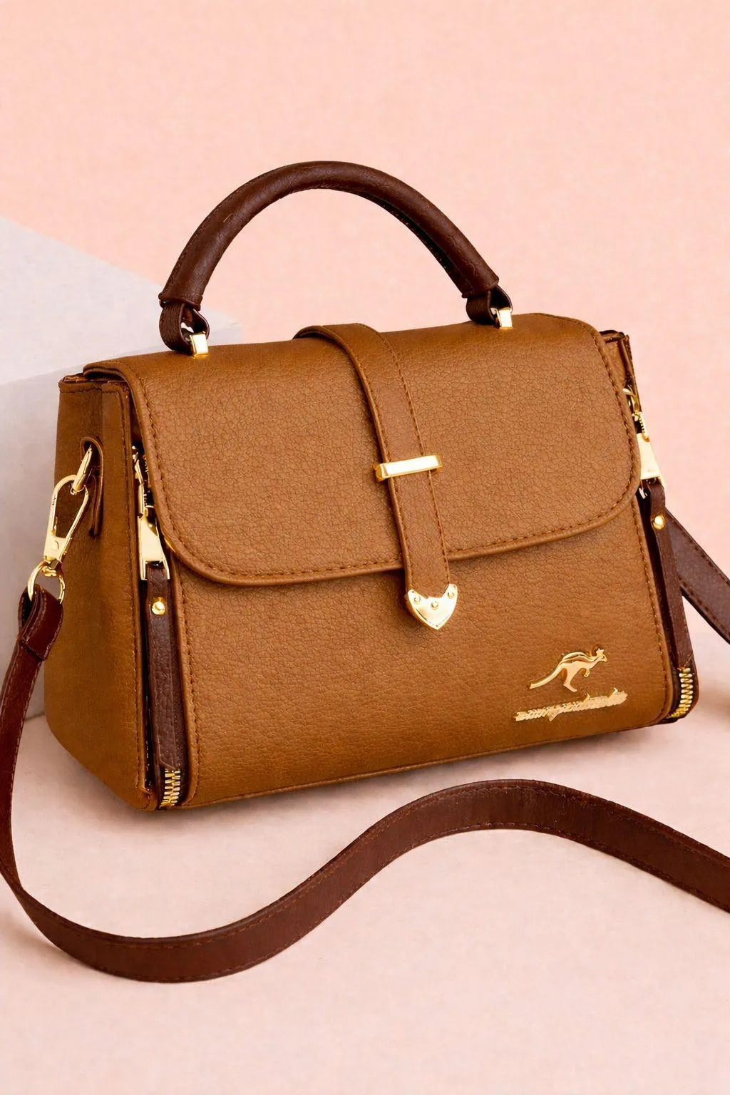 Brown Leather Shoulder Bag with Gold Plated Clasp