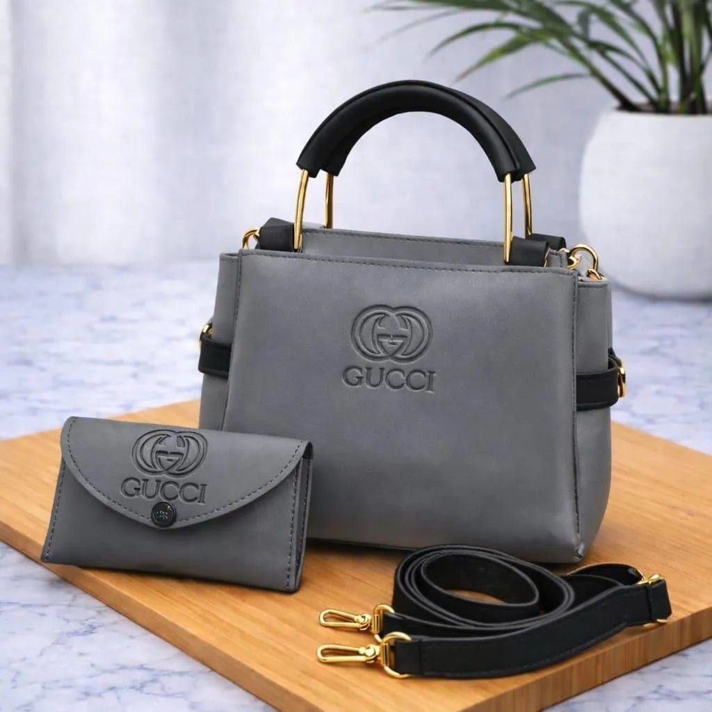 Women's Grey Leather Handbag Set with Top Handle