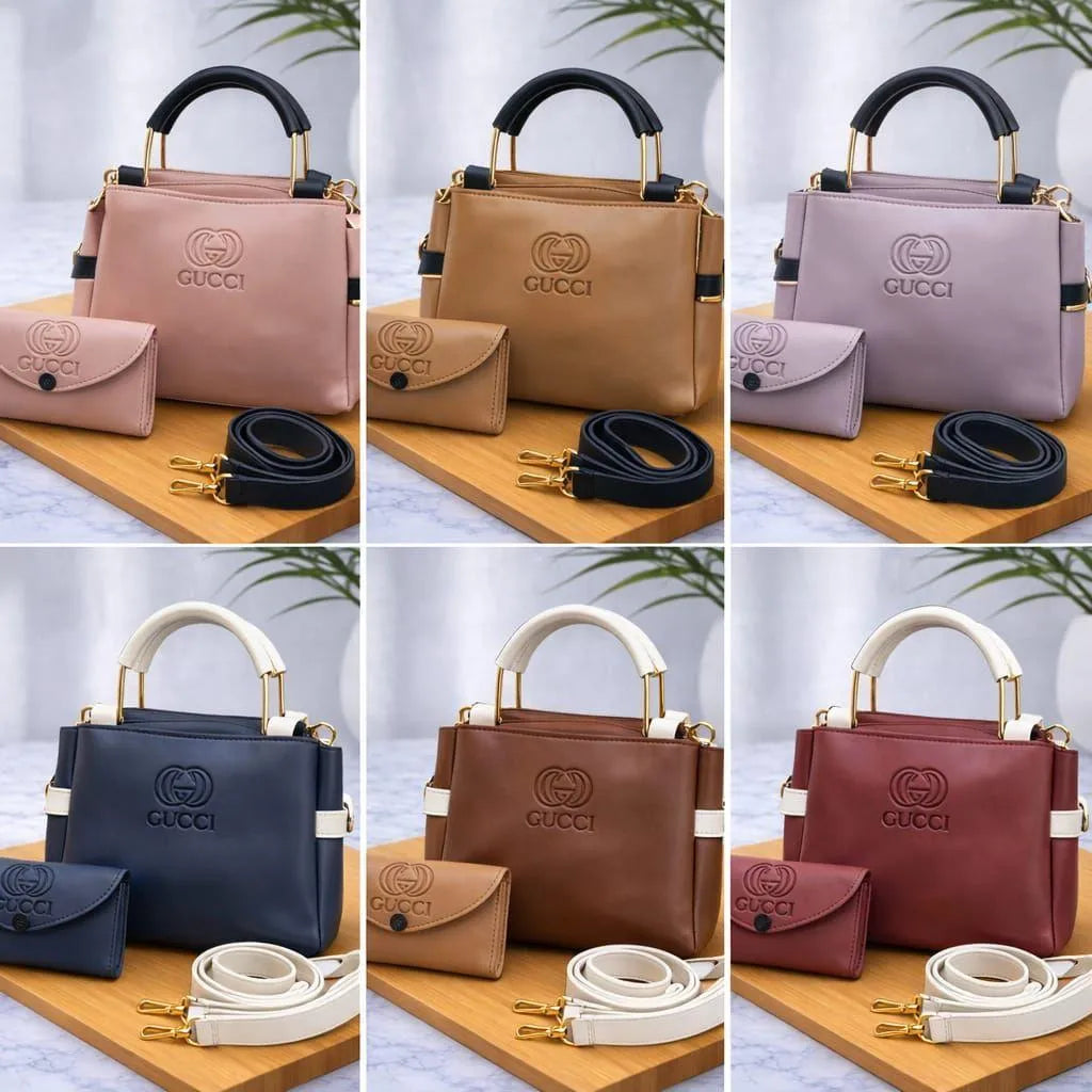 Women's Grey Leather Handbag Set with Top Handle