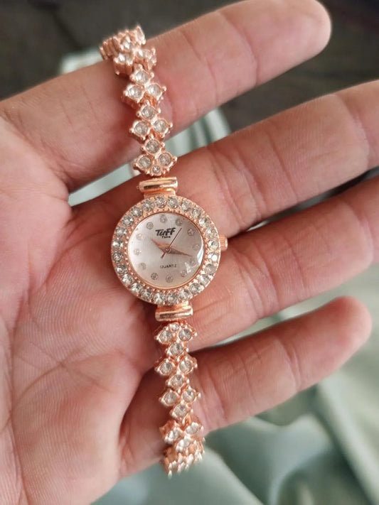 Rose Gold Tuff Time Quartz Cocktail Watch with Crystal Bezel