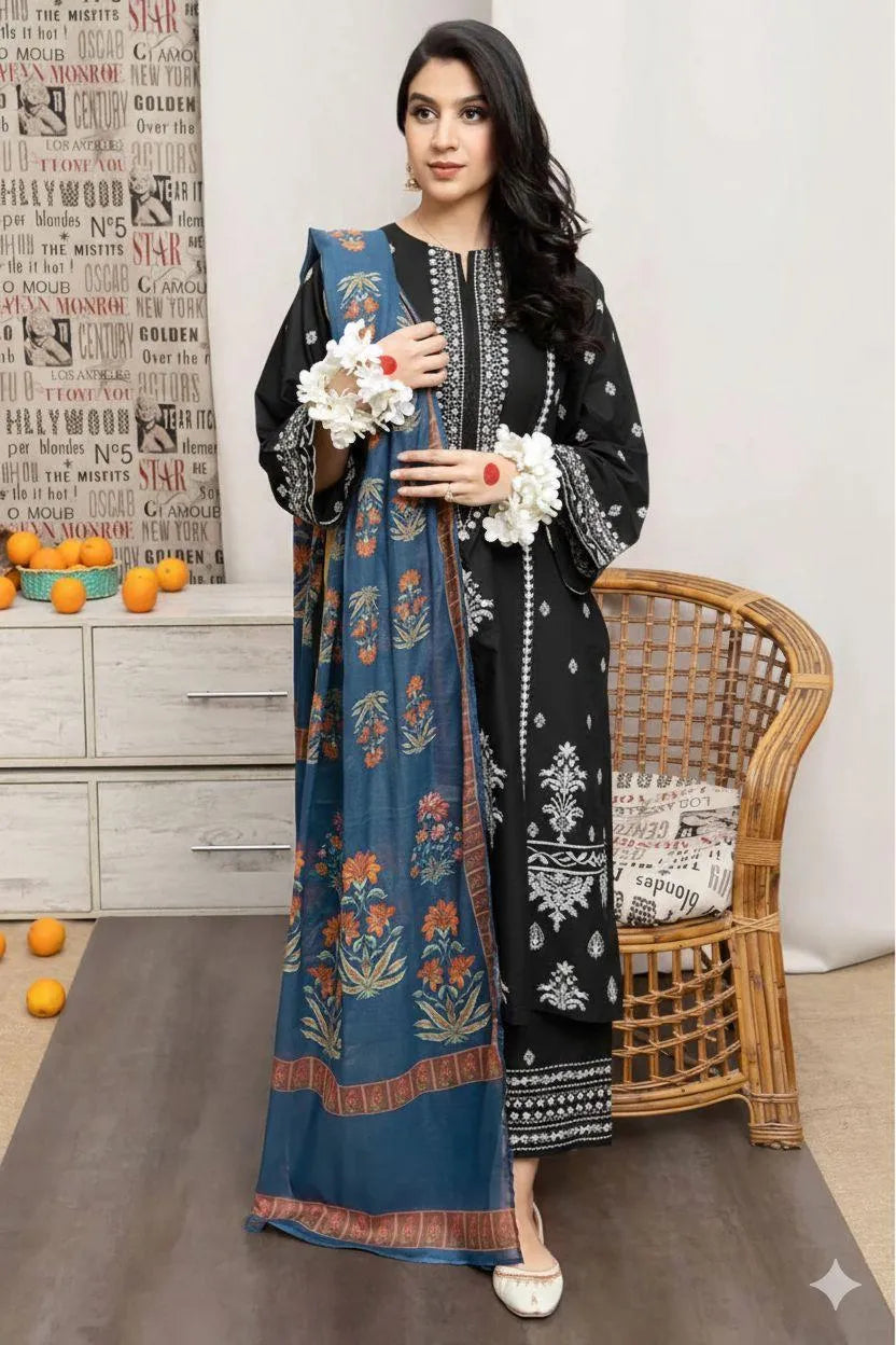 Black Embroidered Lawn 3Pcs Set with Digital Print Dupatta