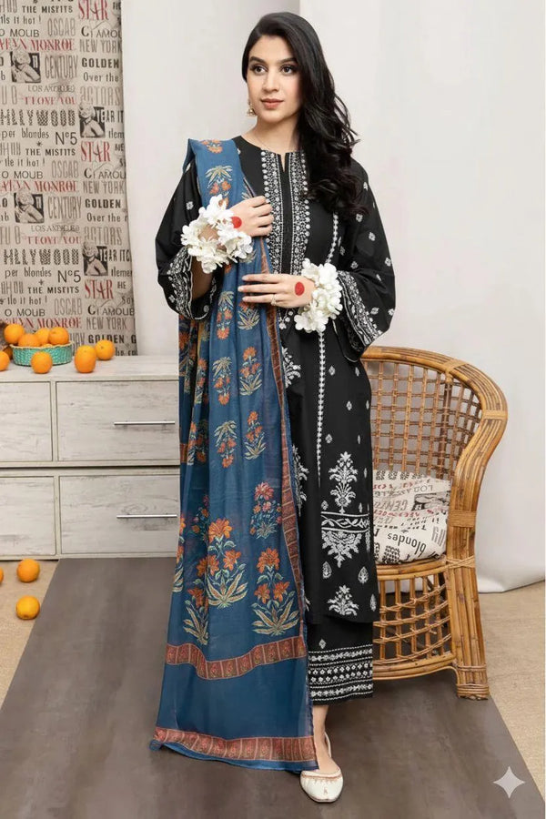 Black Embroidered Lawn 3Pcs Set with Digital Print Dupatta