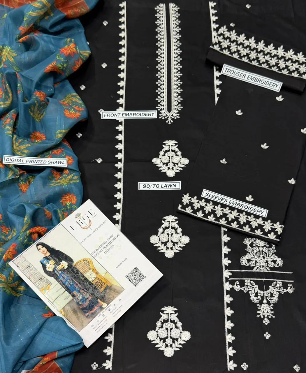 Black Embroidered Lawn 3Pcs Set with Digital Print Dupatta