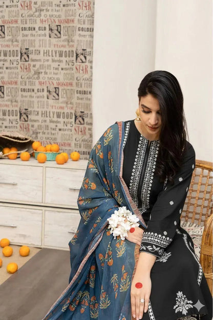 Black Embroidered Lawn 3Pcs Set with Digital Print Dupatta