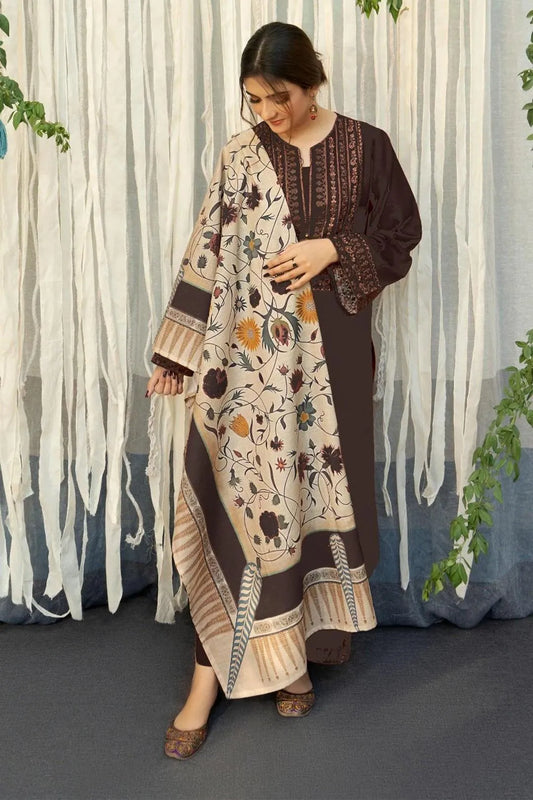 Pakistani Printed Embroidered Kurta Set Brown Cream