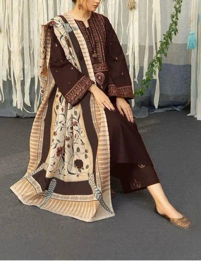 Pakistani Printed Embroidered Kurta Set Brown Cream