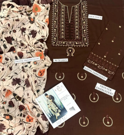Pakistani Printed Embroidered Kurta Set Brown Cream