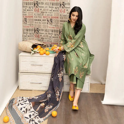 Green Embroidered Lawn 3Pcs Set with Digital Print Dupatta