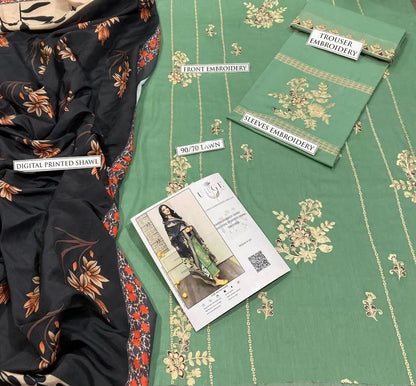 Green Embroidered Lawn 3Pcs Set with Digital Print Dupatta