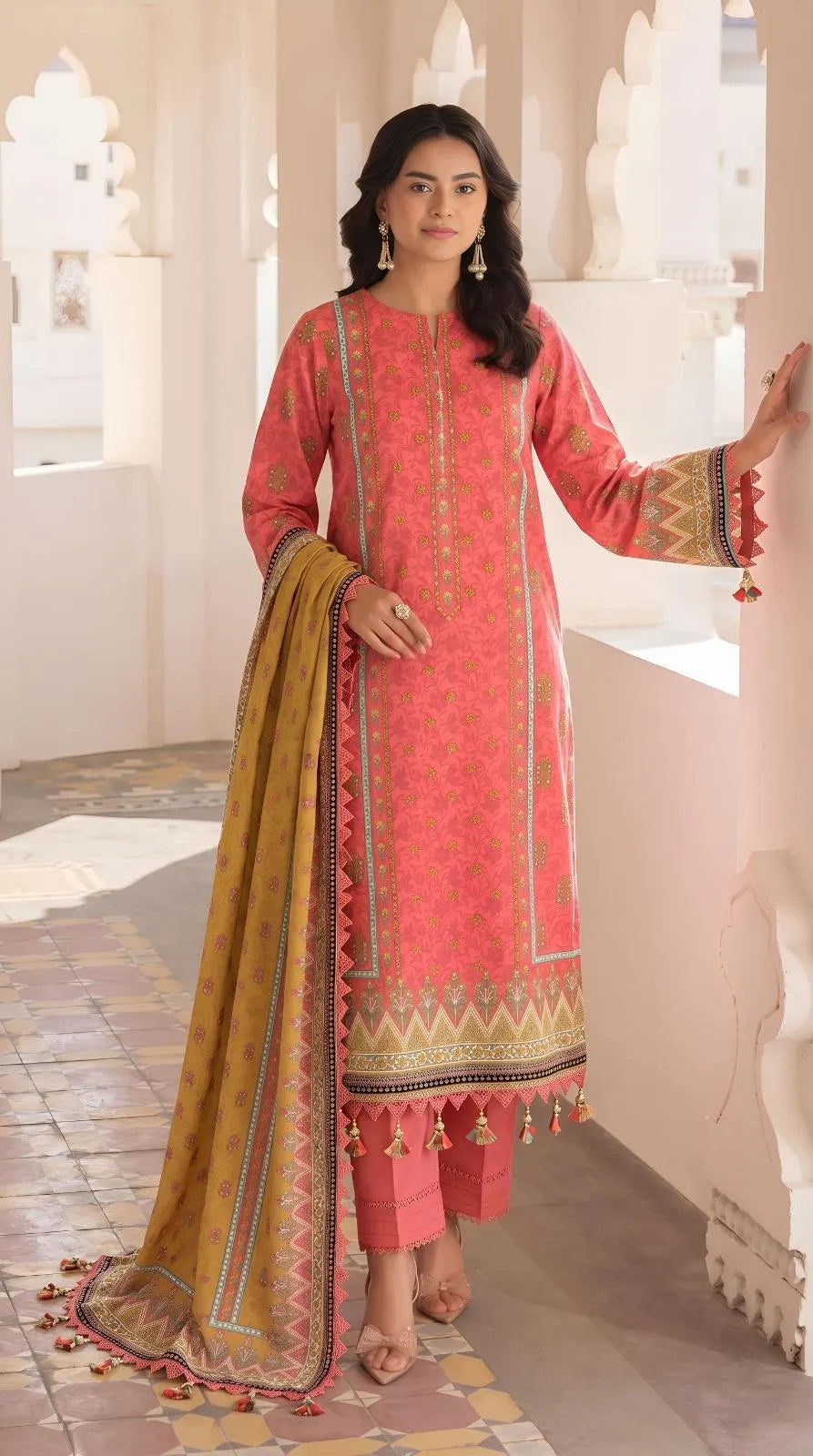 Orange Printed Lawn 3Pcs Women Suit Set