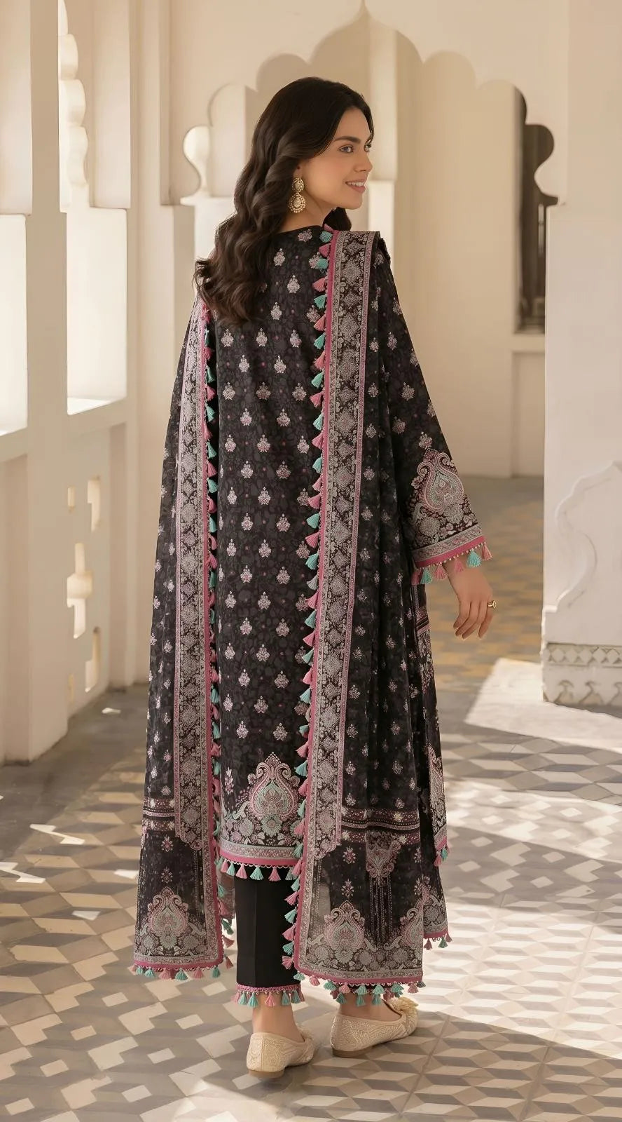 Black Embroidered Pajama Set for Women