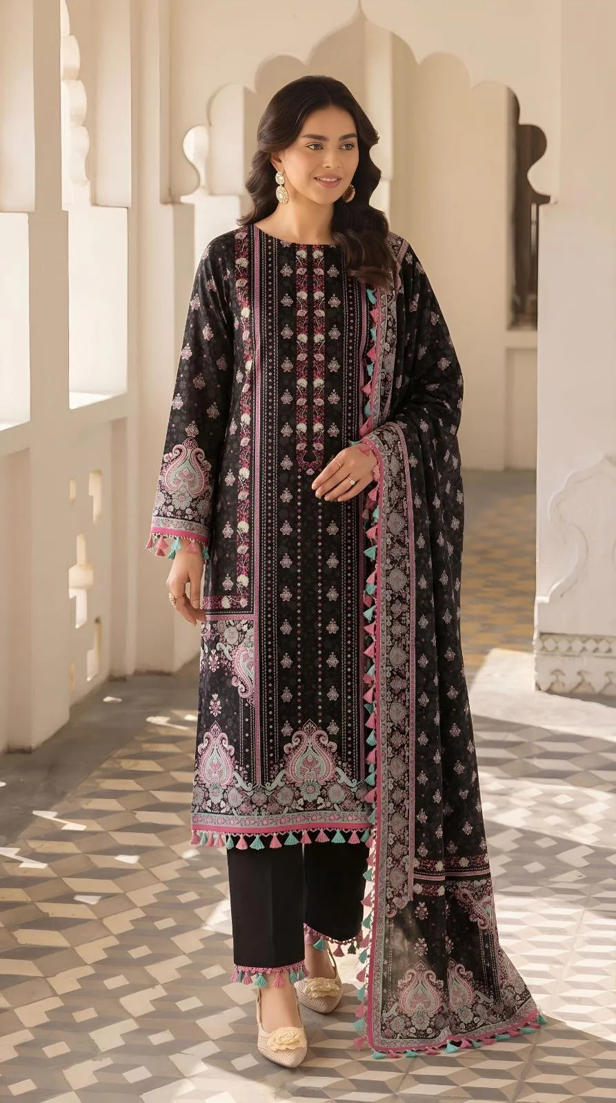 Black Embroidered Pajama Set for Women