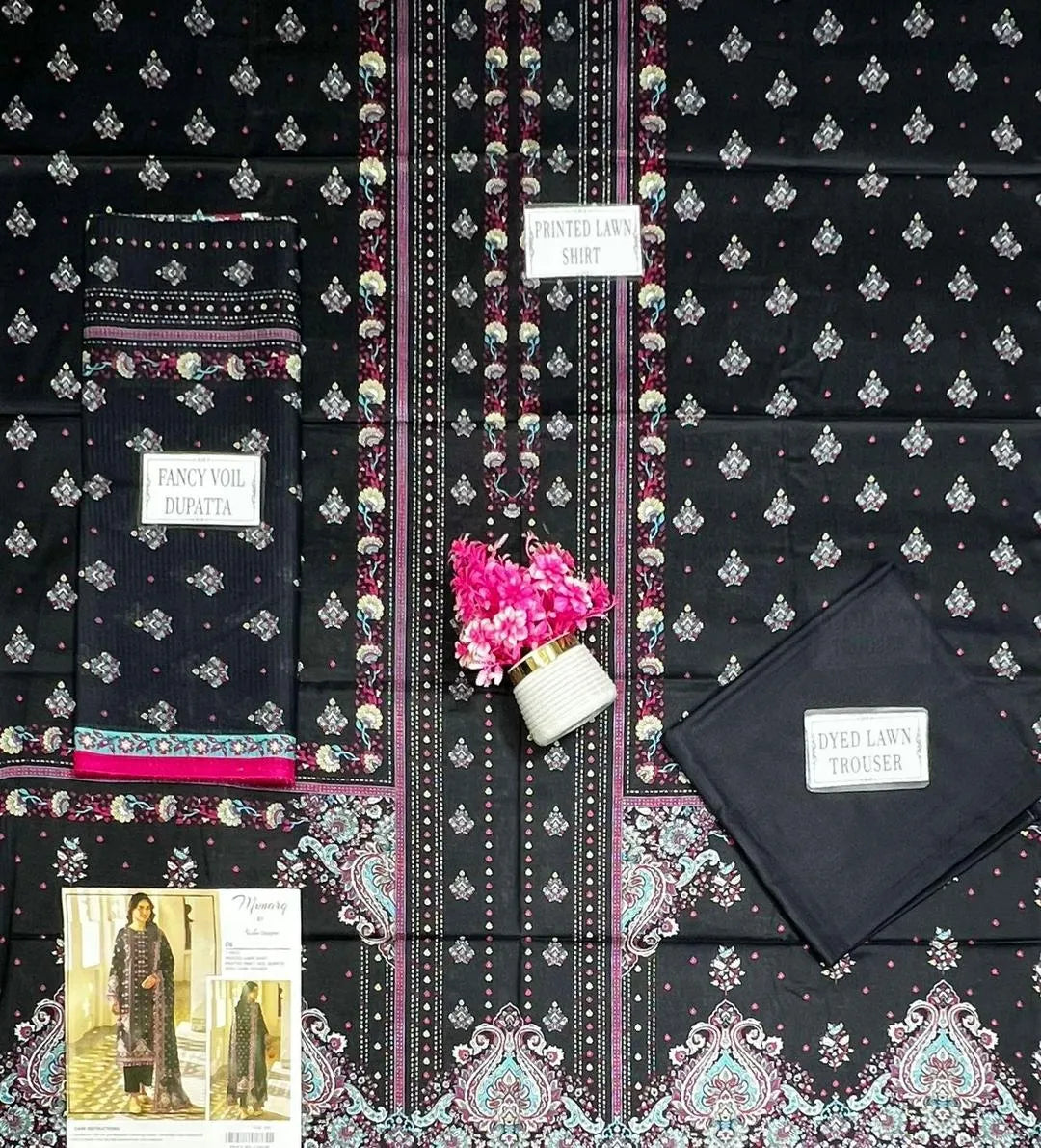 Black Embroidered Pajama Set for Women