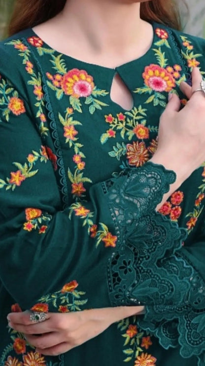 Green Floral Embroidered Kurta Set for Women
