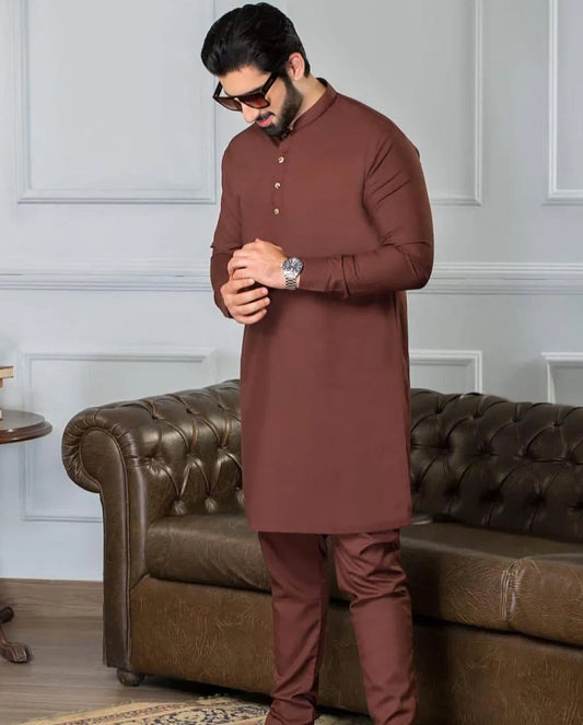 Men's Brown Wash & Wear Shalwar Kameez Set Medium Large
