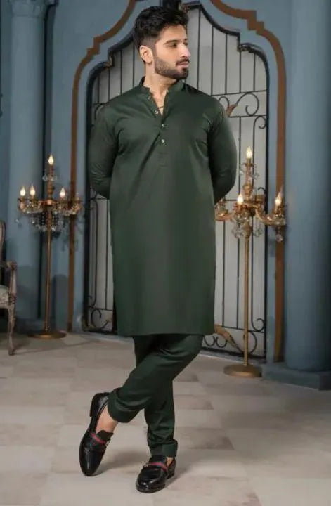 Men's Green Kurta Pajama Set with Embroidered Design