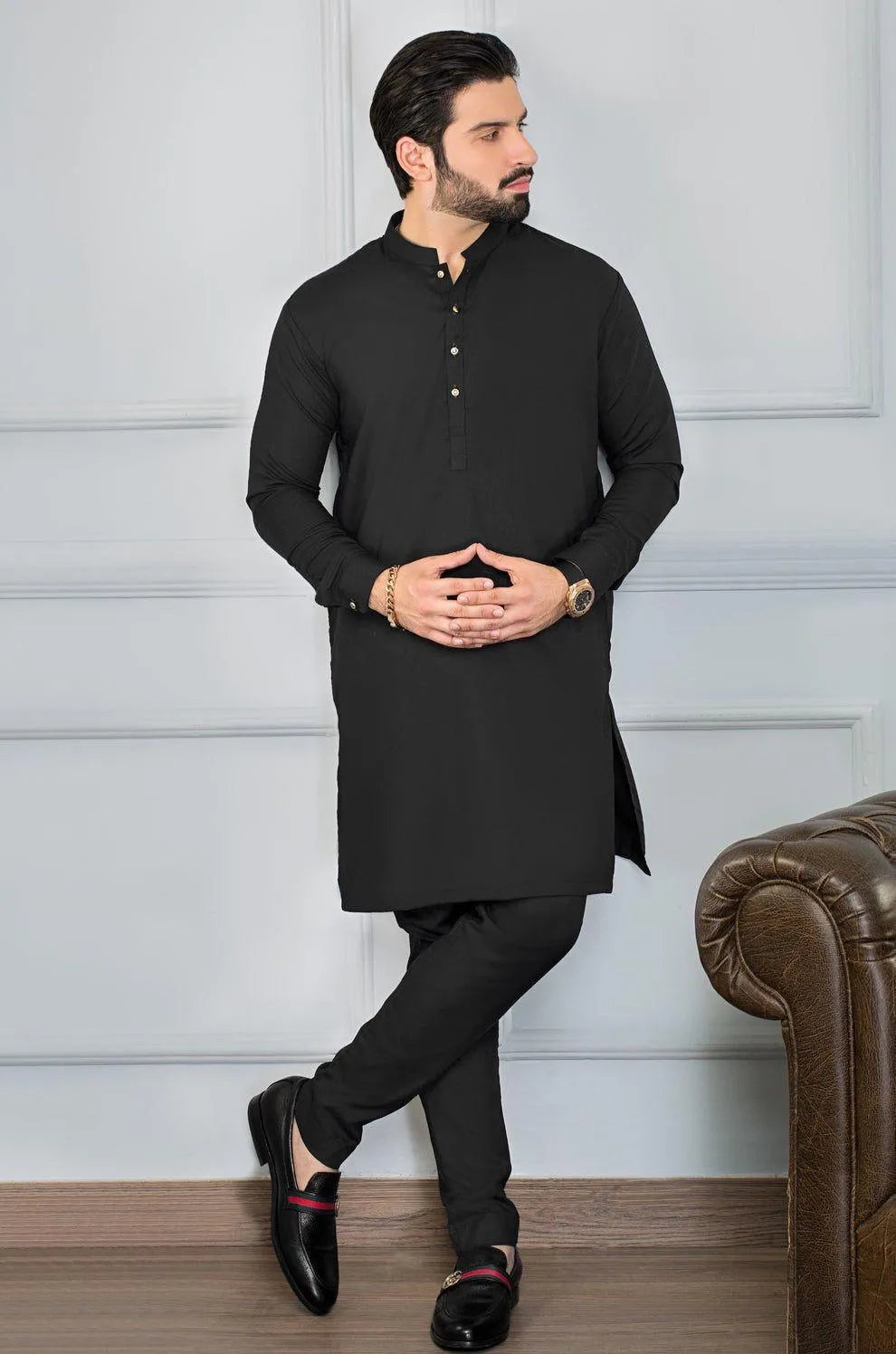 Men's Black Wash & Wear Shalwar Kameez Medium to Large