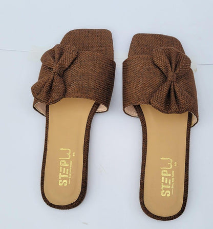 Women's Brown Leather Bow Slides Casual Flats