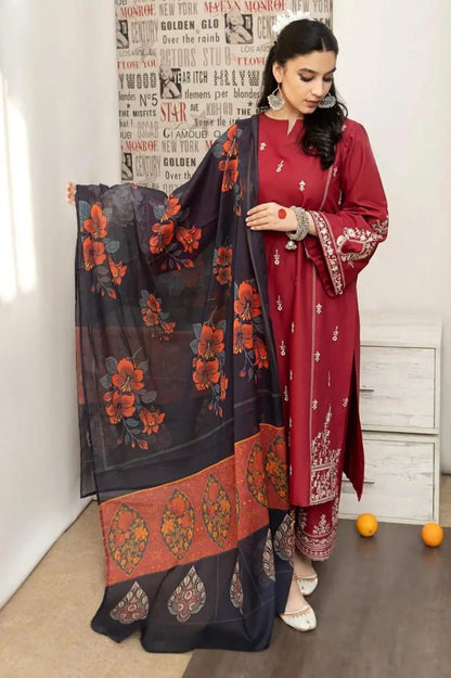 Maroon Embroidered 3-Piece Lawn Suit with Printed Dupatta