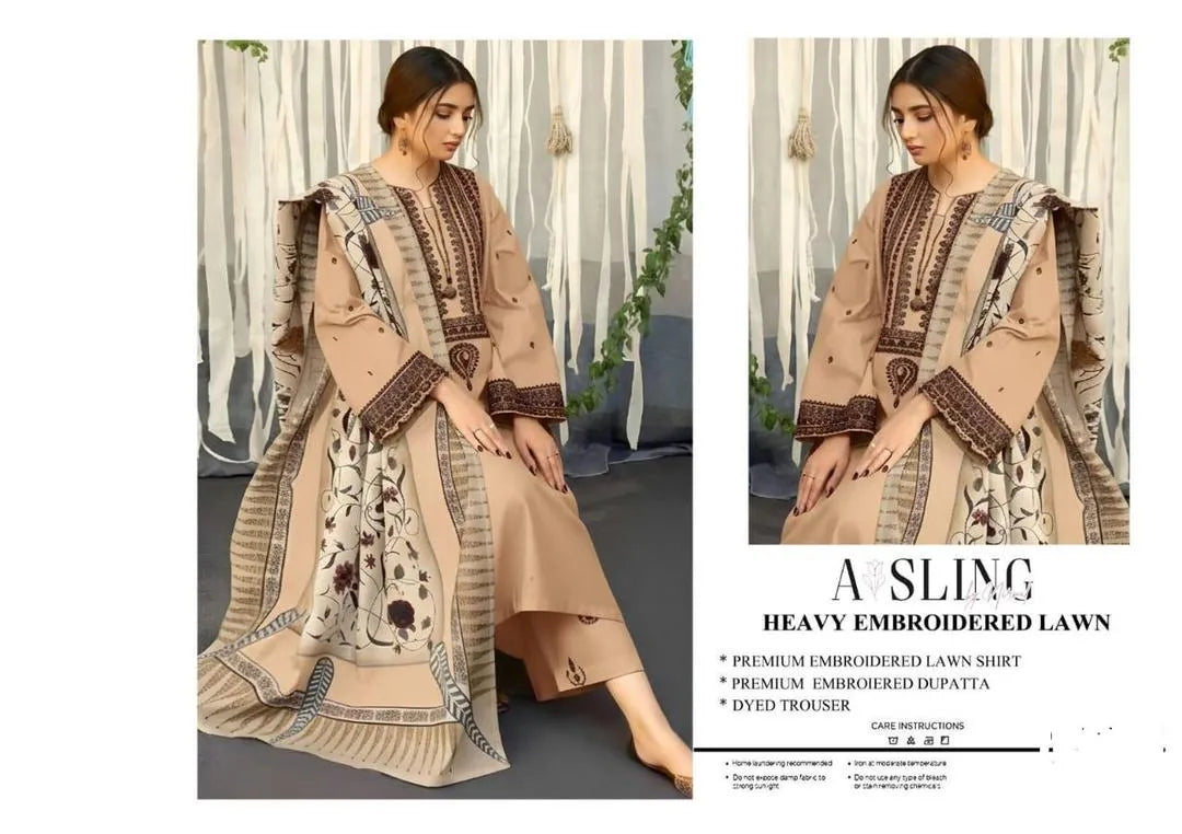 Brown Heavy Embroidered Lawn 3Pcs Set