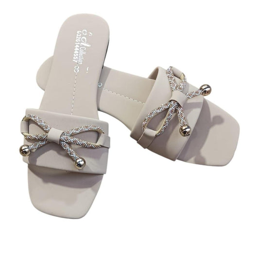 Women's Casual Digger Flats Beige Bow Rhinestone