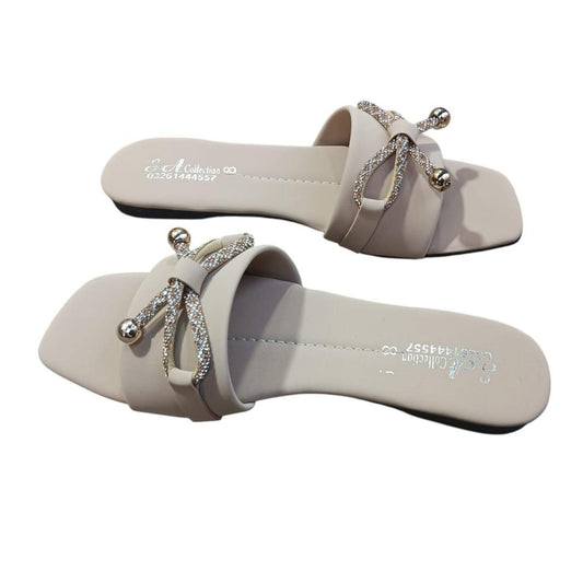 Women's Casual Digger Flats Beige Bow Rhinestone
