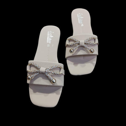 Women's Casual Digger Flats Beige Bow Rhinestone